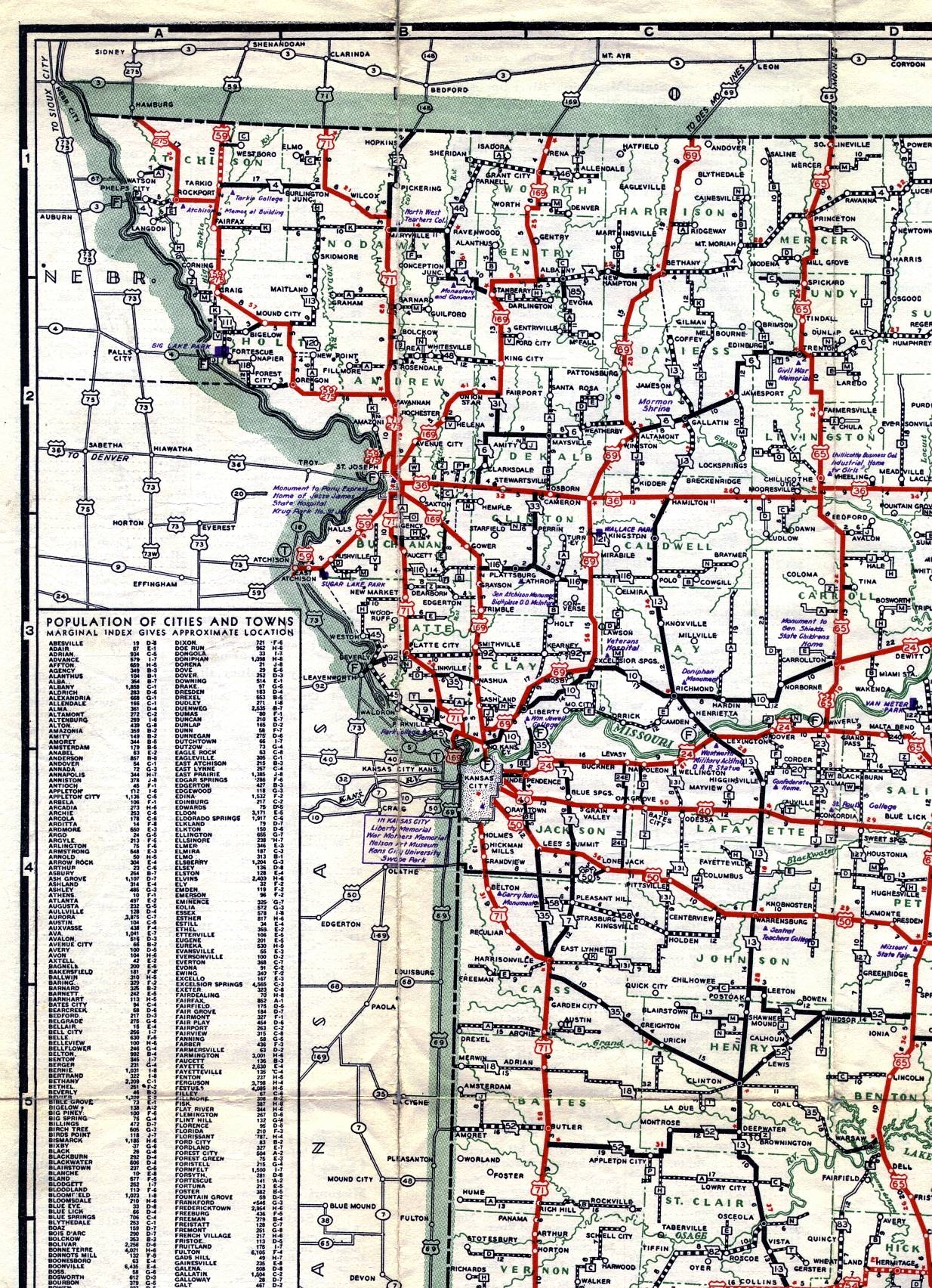 Section of 1937 official highway map for Missouri