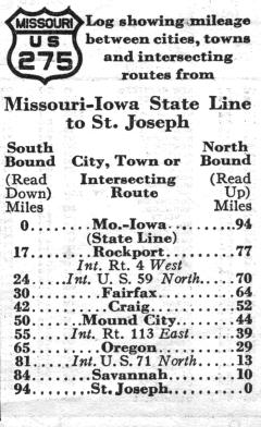 Route listing for US 275 in the 1937 official highway map for Missouri