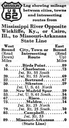 Route listing for US 62 in the 1937 official highway map for Missouri