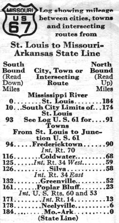 Route listing for US 67 in the 1937 official highway map for Missouri