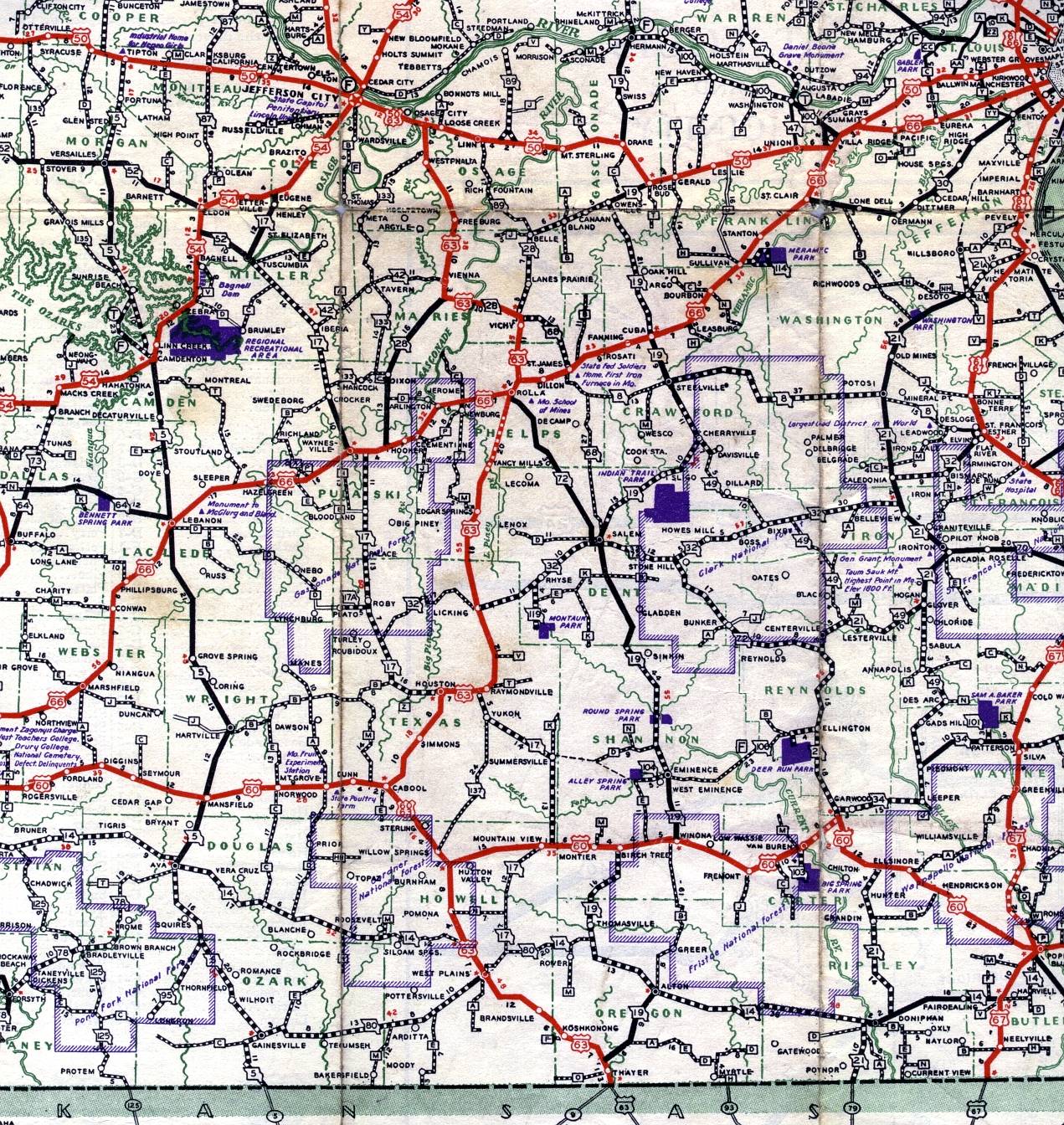 Section of 1937 official highway map for Missouri