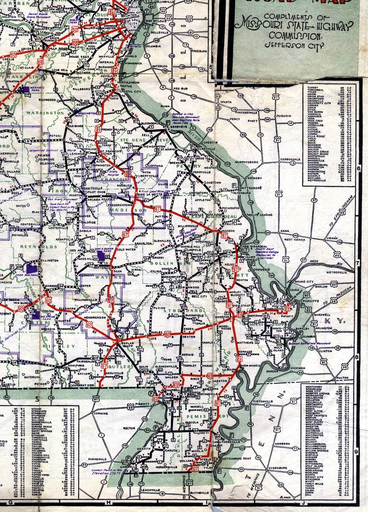 Section of 1937 official highway map for Missouri