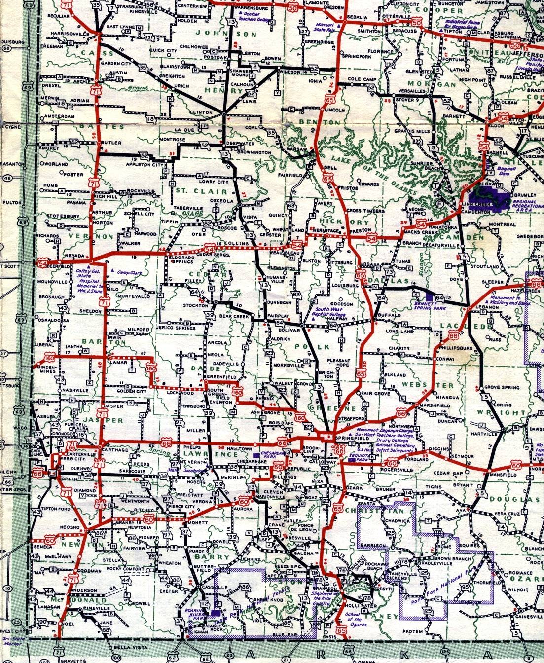 Section of 1937 official highway map for Missouri