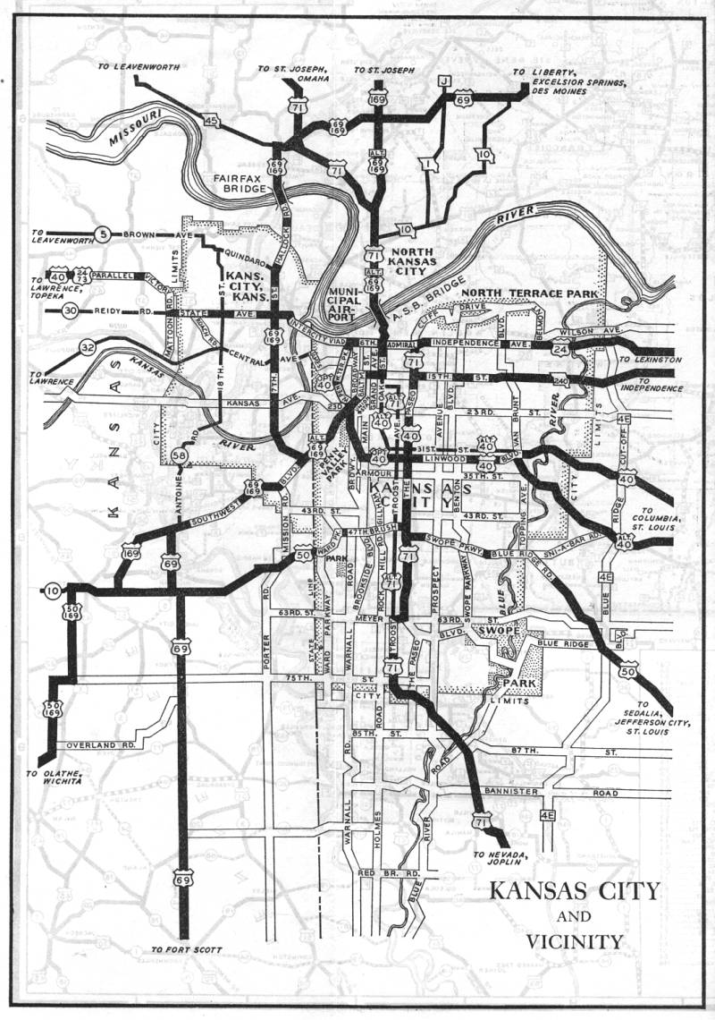 Section of 1938 official highway map for Missouri