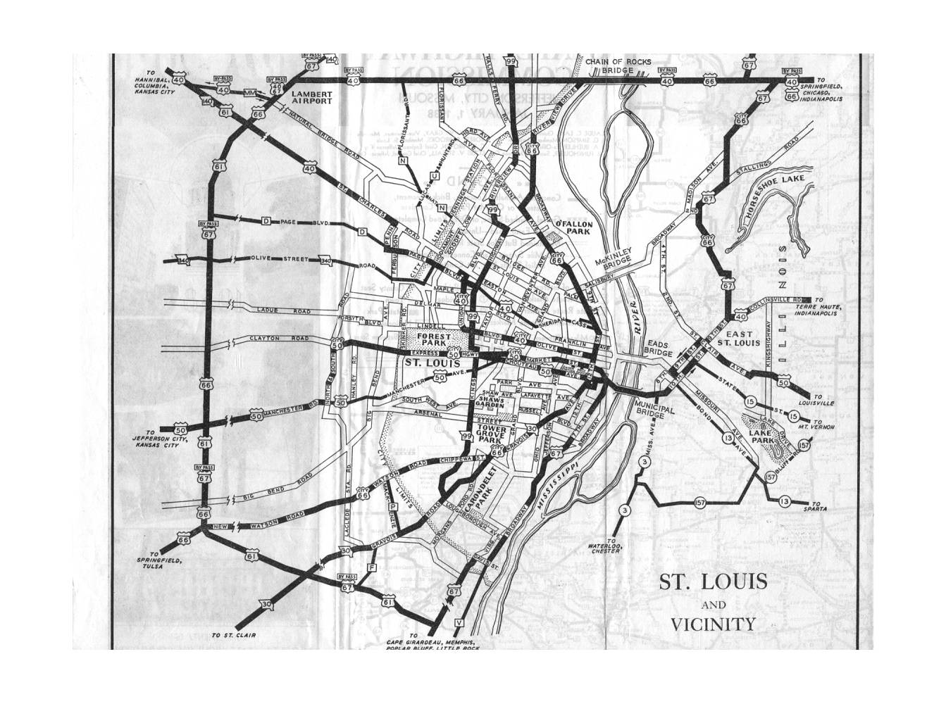 Section of 1938 official highway map for Missouri