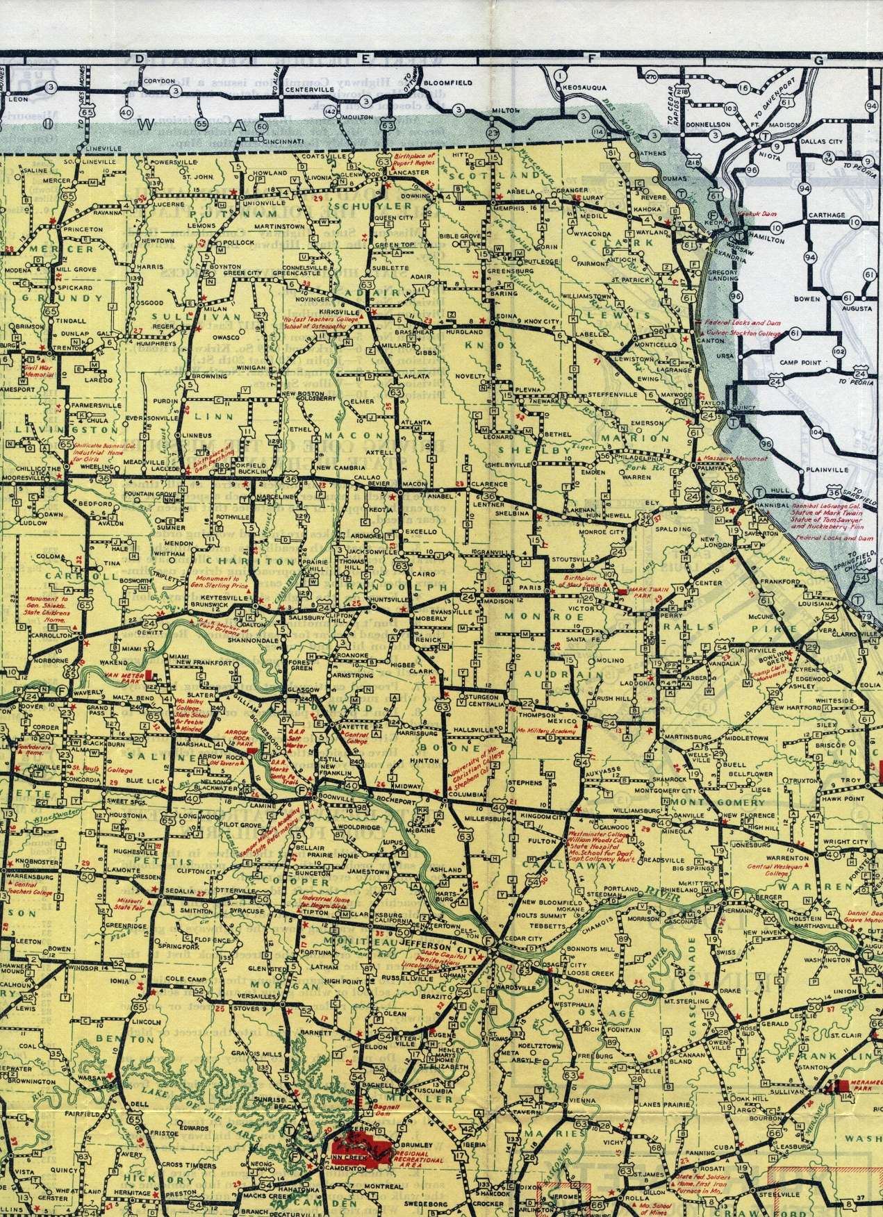 Section of 1938 official highway map for Missouri