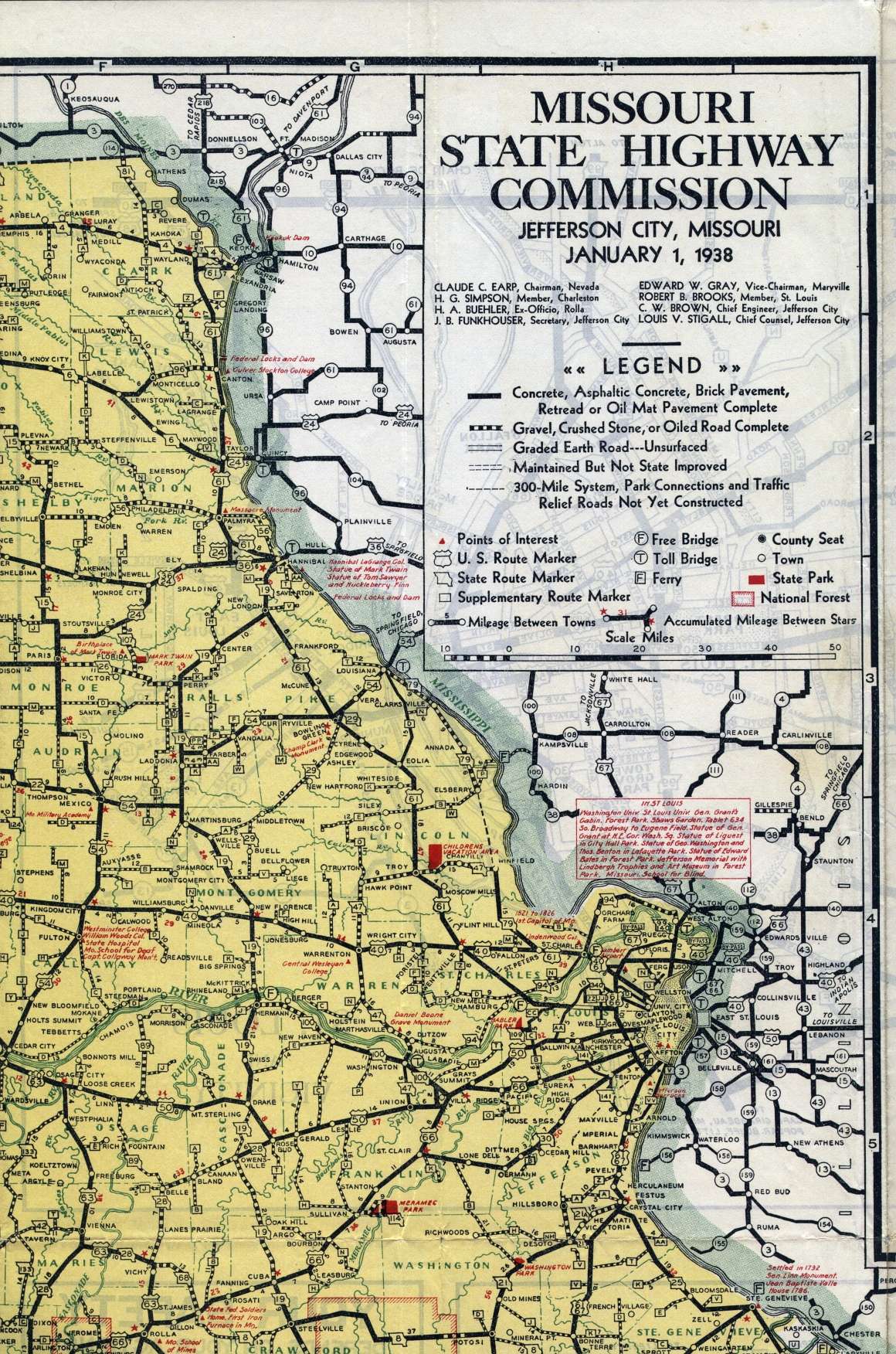 Section of 1938 official highway map for Missouri