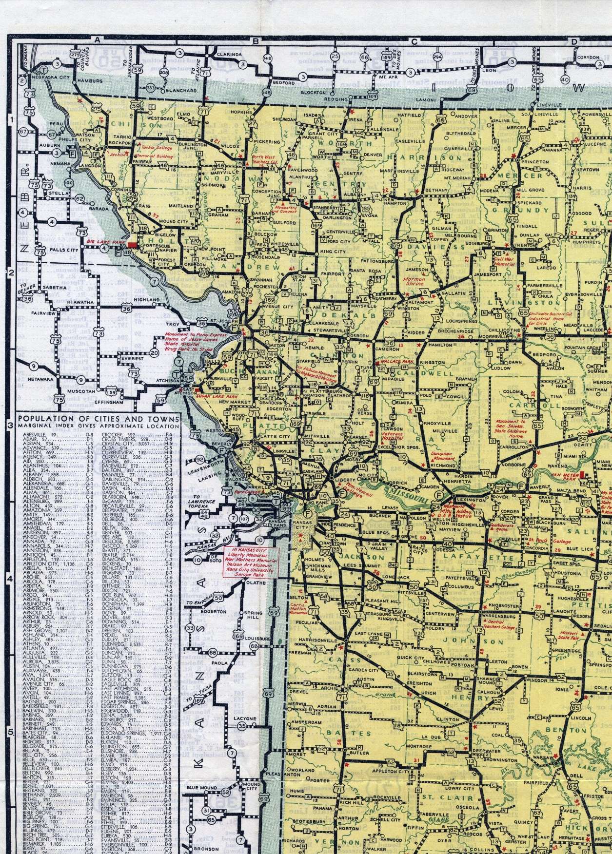 Section of 1938 official highway map for Missouri