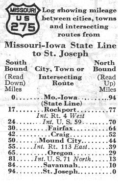 Route listing for US 275 in the 1938 official highway map for Missouri