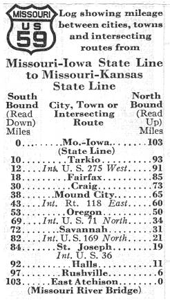 Route listing for US 59 in the 1938 official highway map for Missouri