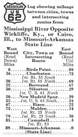 Route listing for US 62 in the 1938 official highway map for Missouri