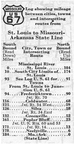 Route listing for US 67 in the 1938 official highway map for Missouri