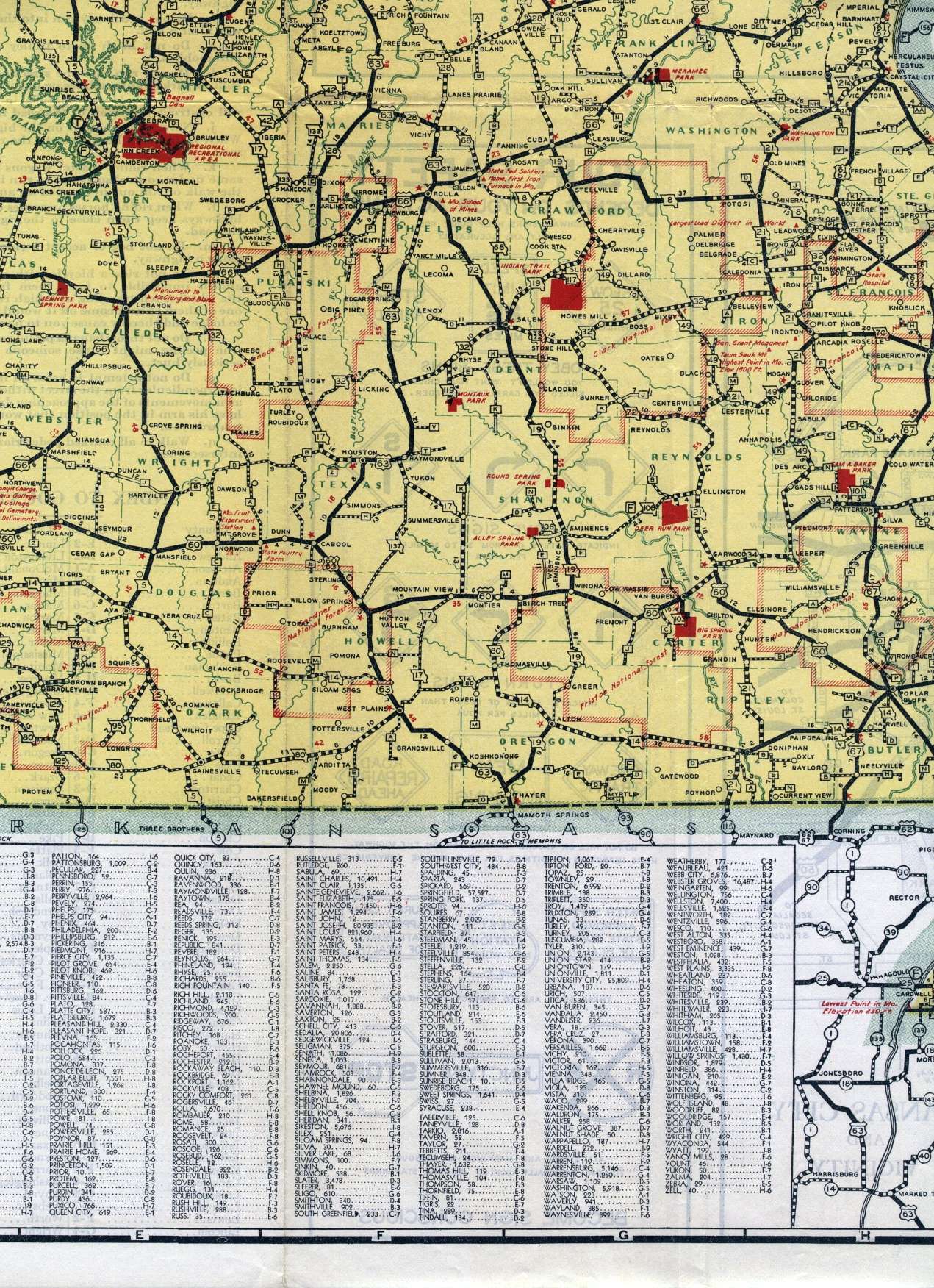 Section of 1938 official highway map for Missouri