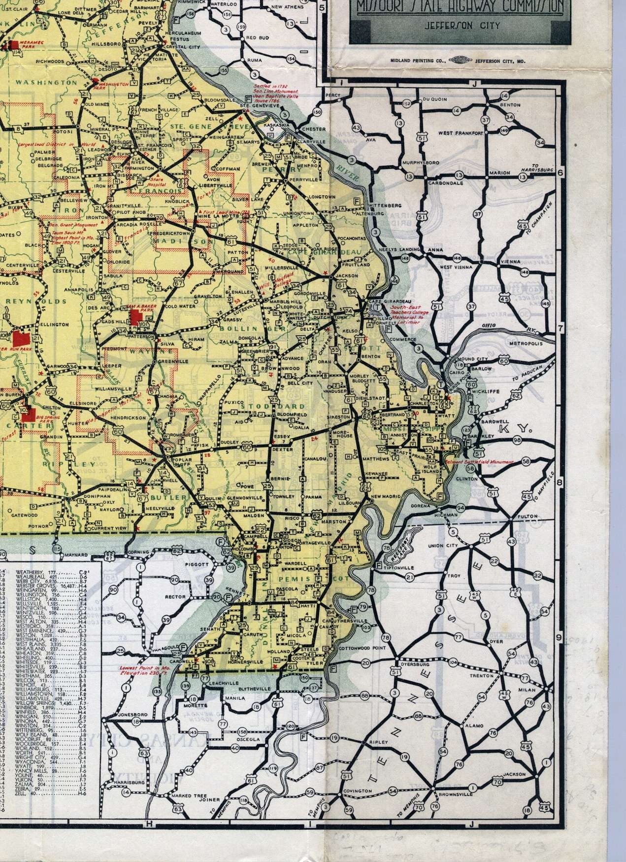 Section of 1938 official highway map for Missouri