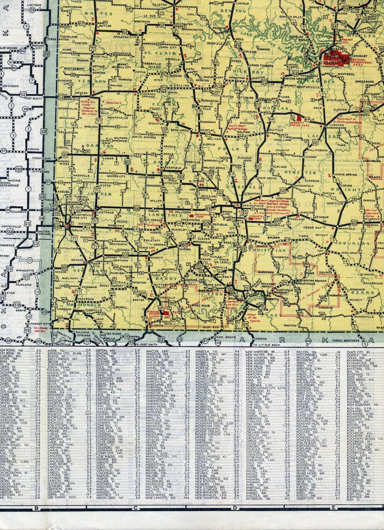 Section of 1938 official highway map for Missouri