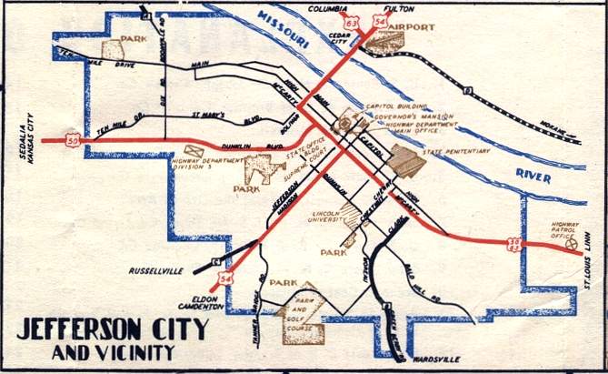 Section of 1948 official highway map for Missouri