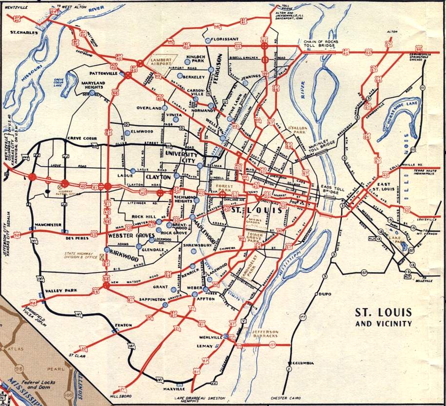 Section of 1948 official highway map for Missouri