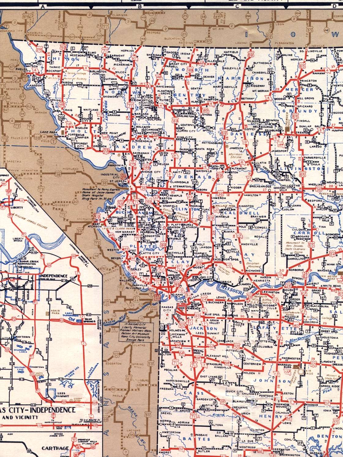 Section of 1948 official highway map for Missouri