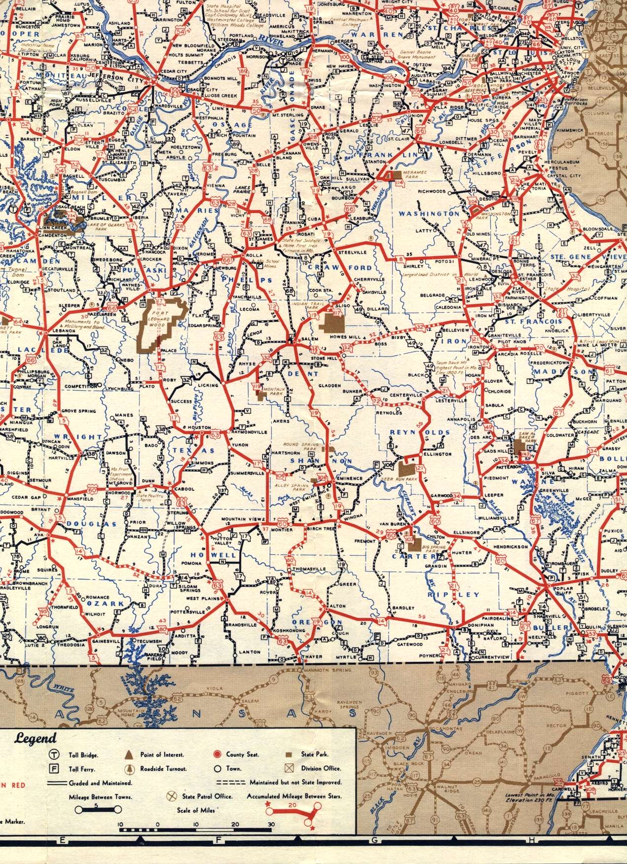 Section of 1948 official highway map for Missouri