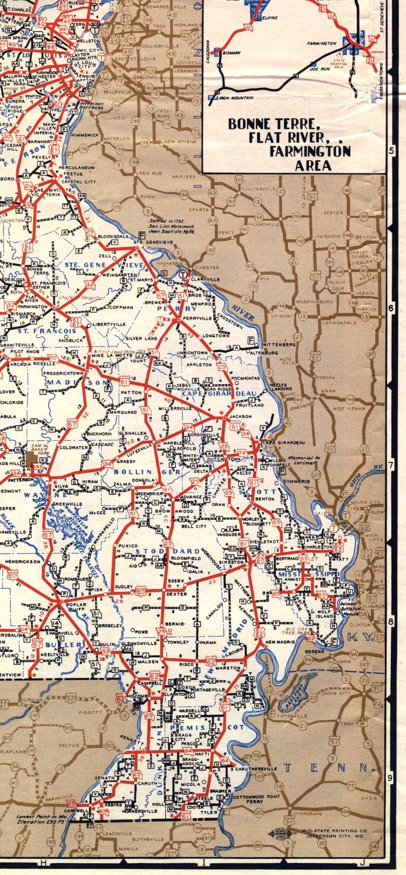 Section of 1948 official highway map for Missouri