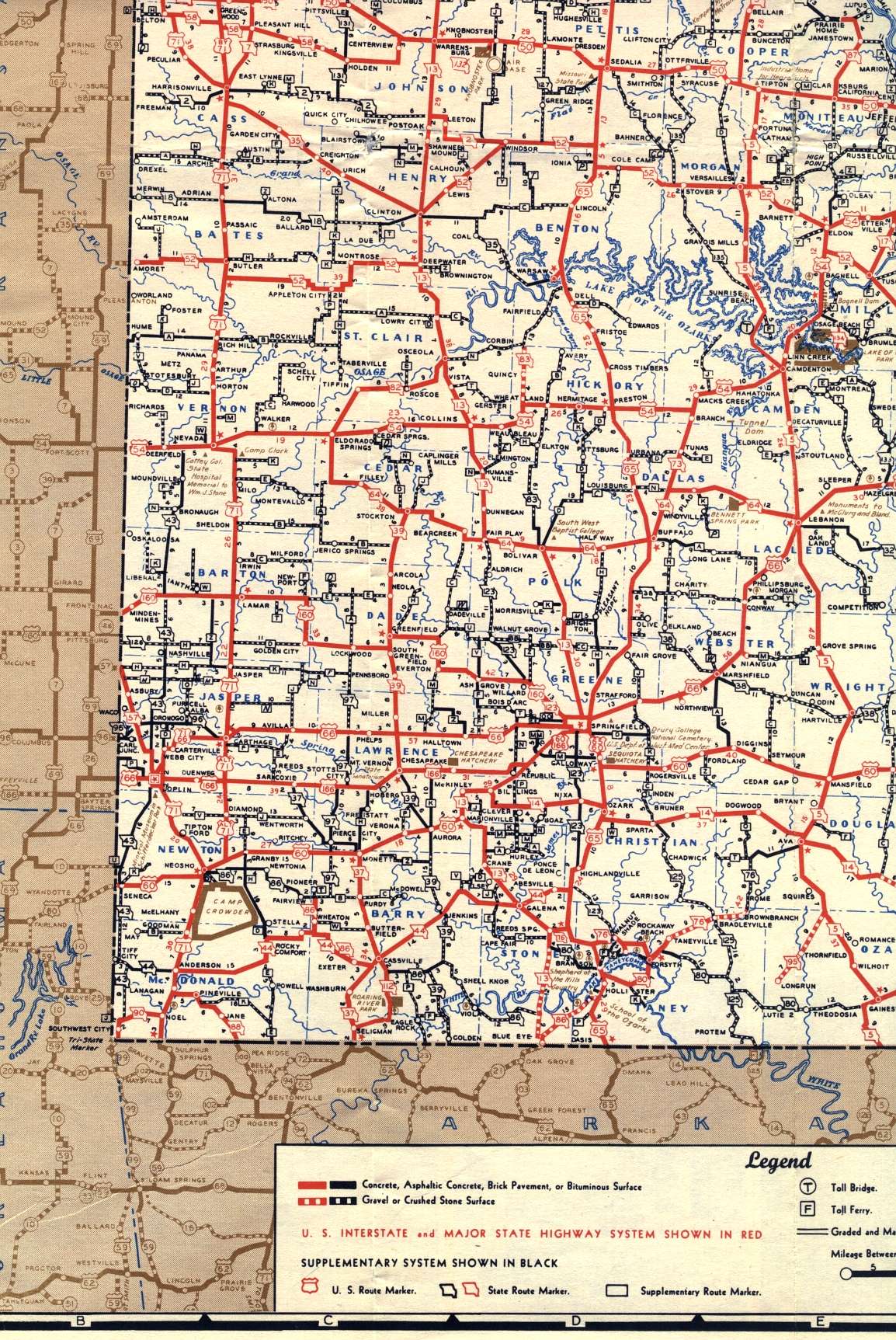 Section of 1948 official highway map for Missouri