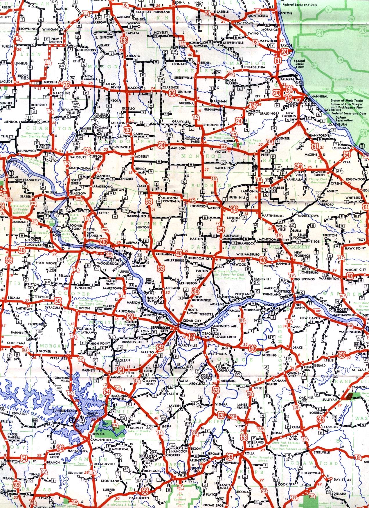 Section of 1950 official Missouri highway map