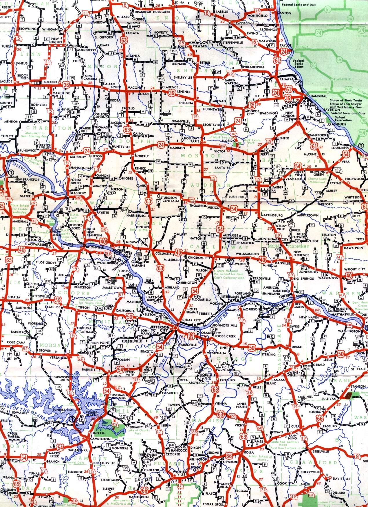 Section of 1950 official Missouri highway map