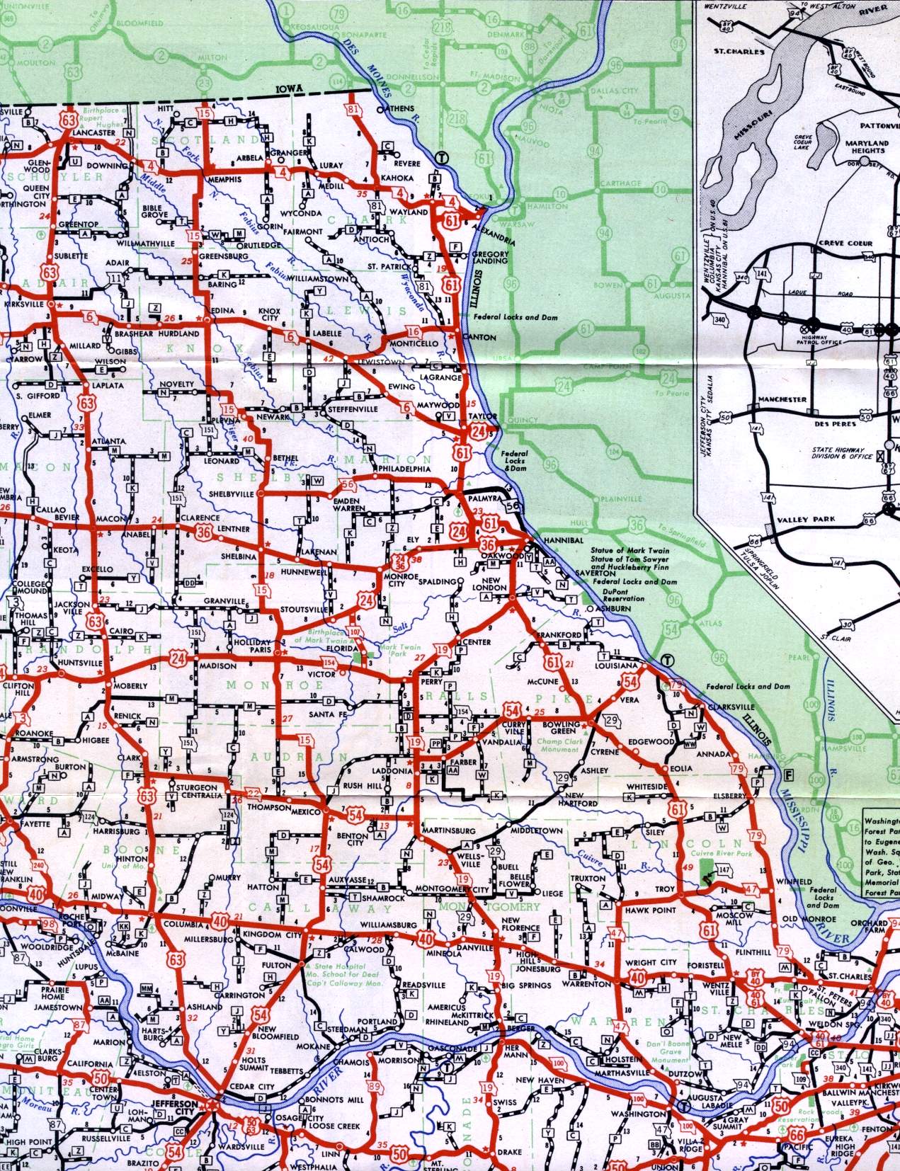 Section of 1950 official Missouri highway map