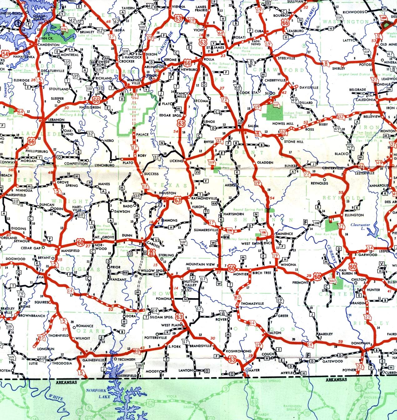 Section of 1950 official Missouri highway map