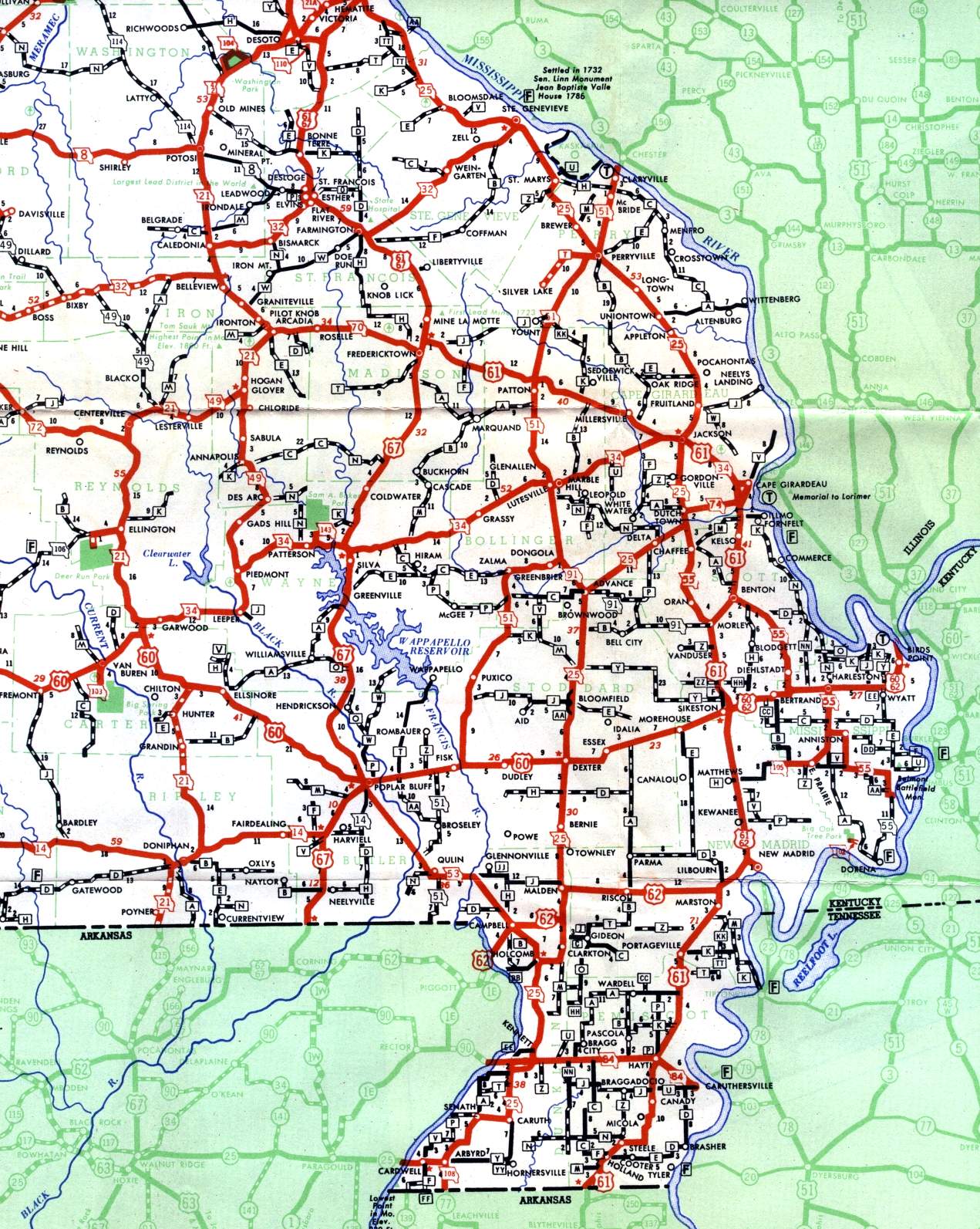 Section of 1950 official Missouri highway map