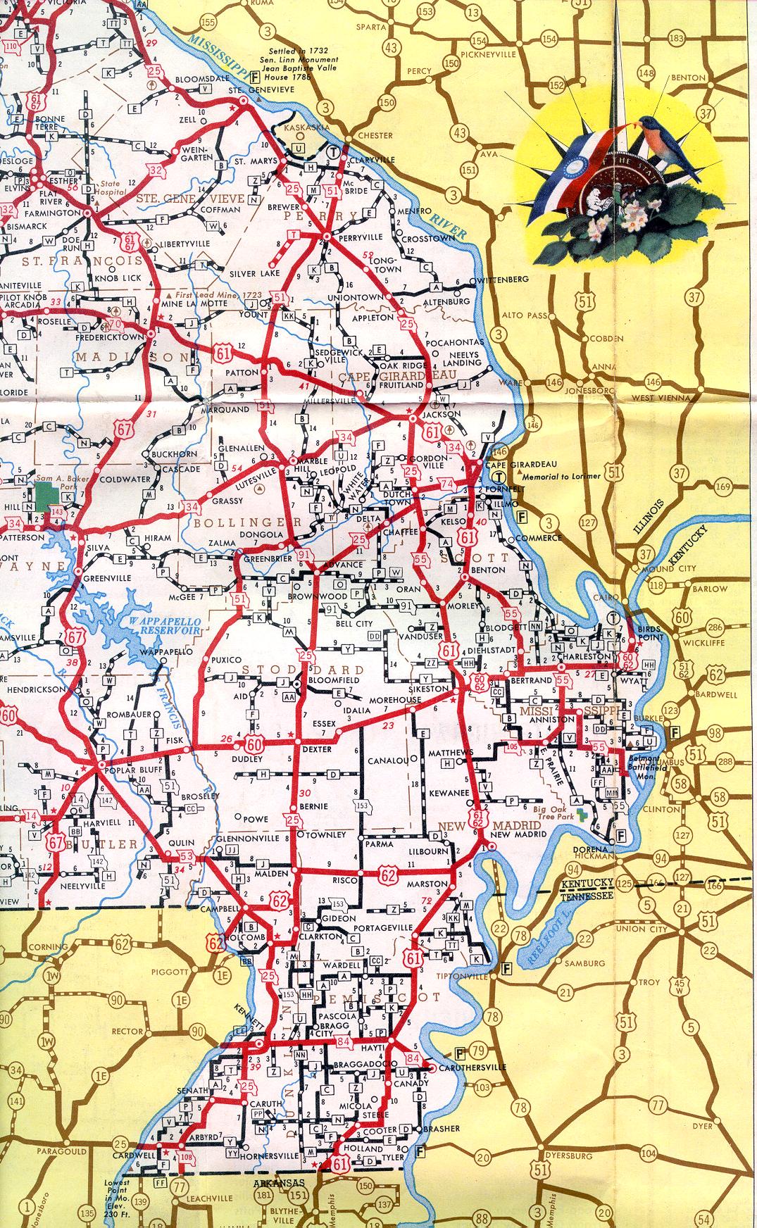 Section of 1952 official highway map for Missouri