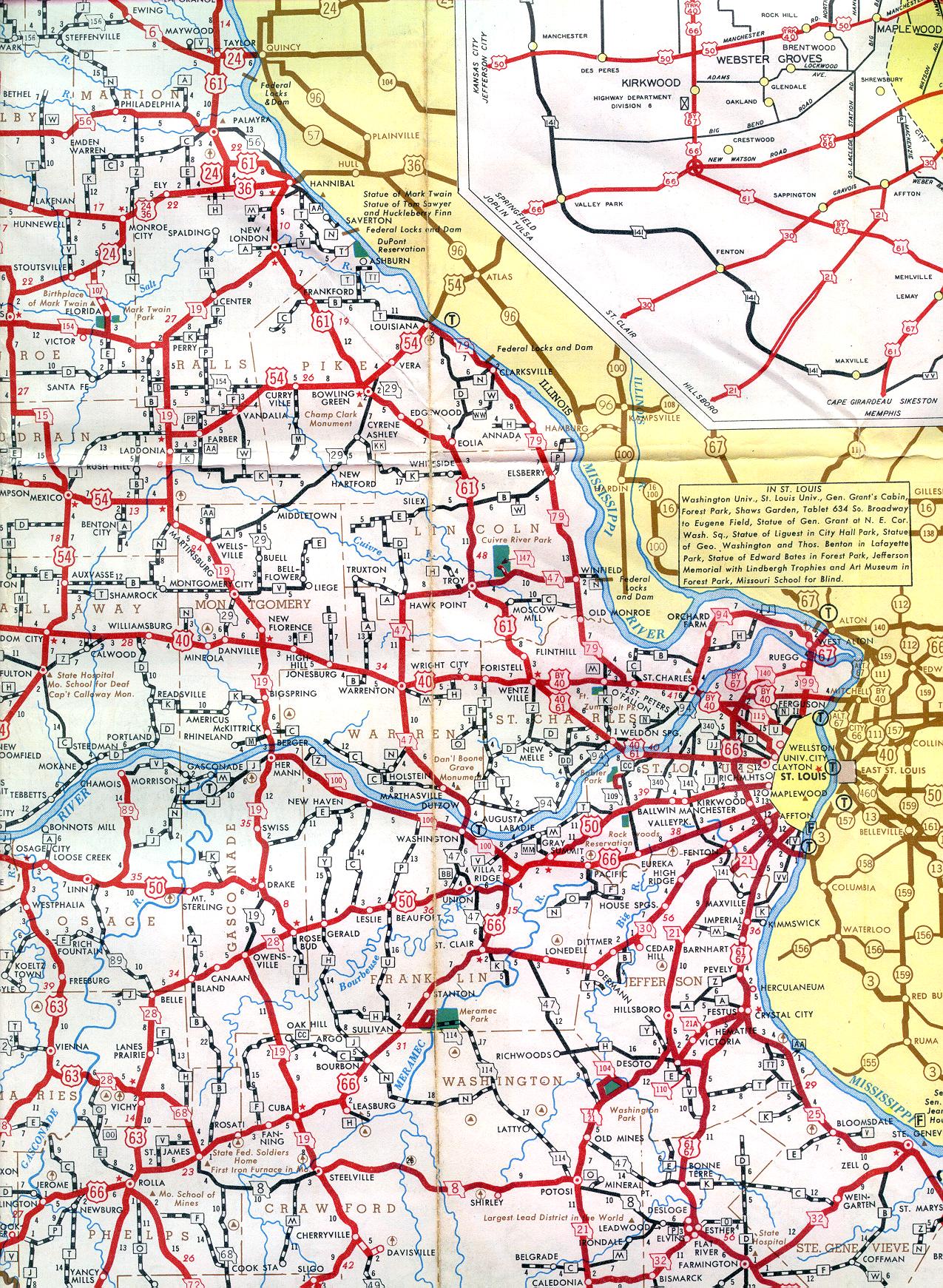 Section of 1952 official highway map for Missouri