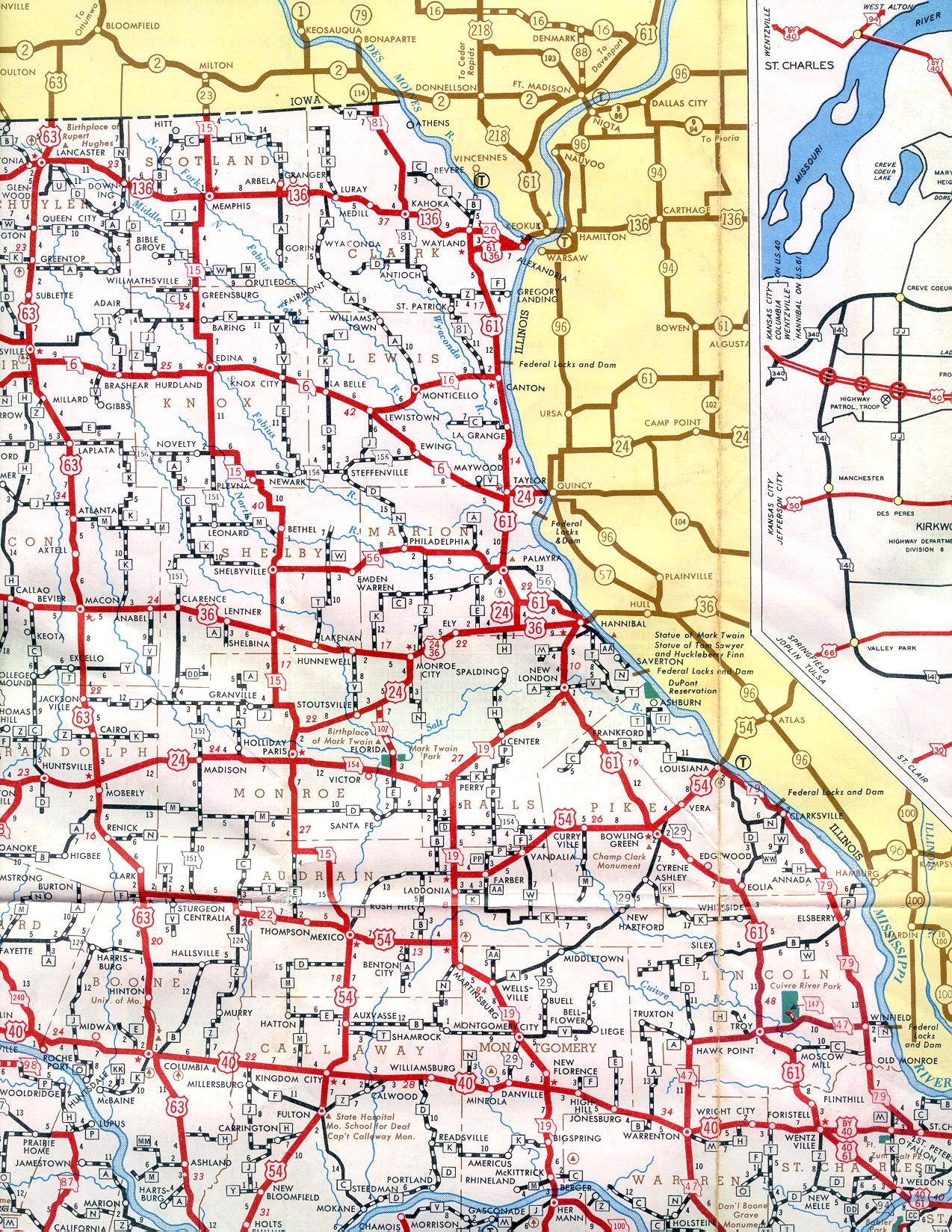 Section of 1952 official highway map for Missouri