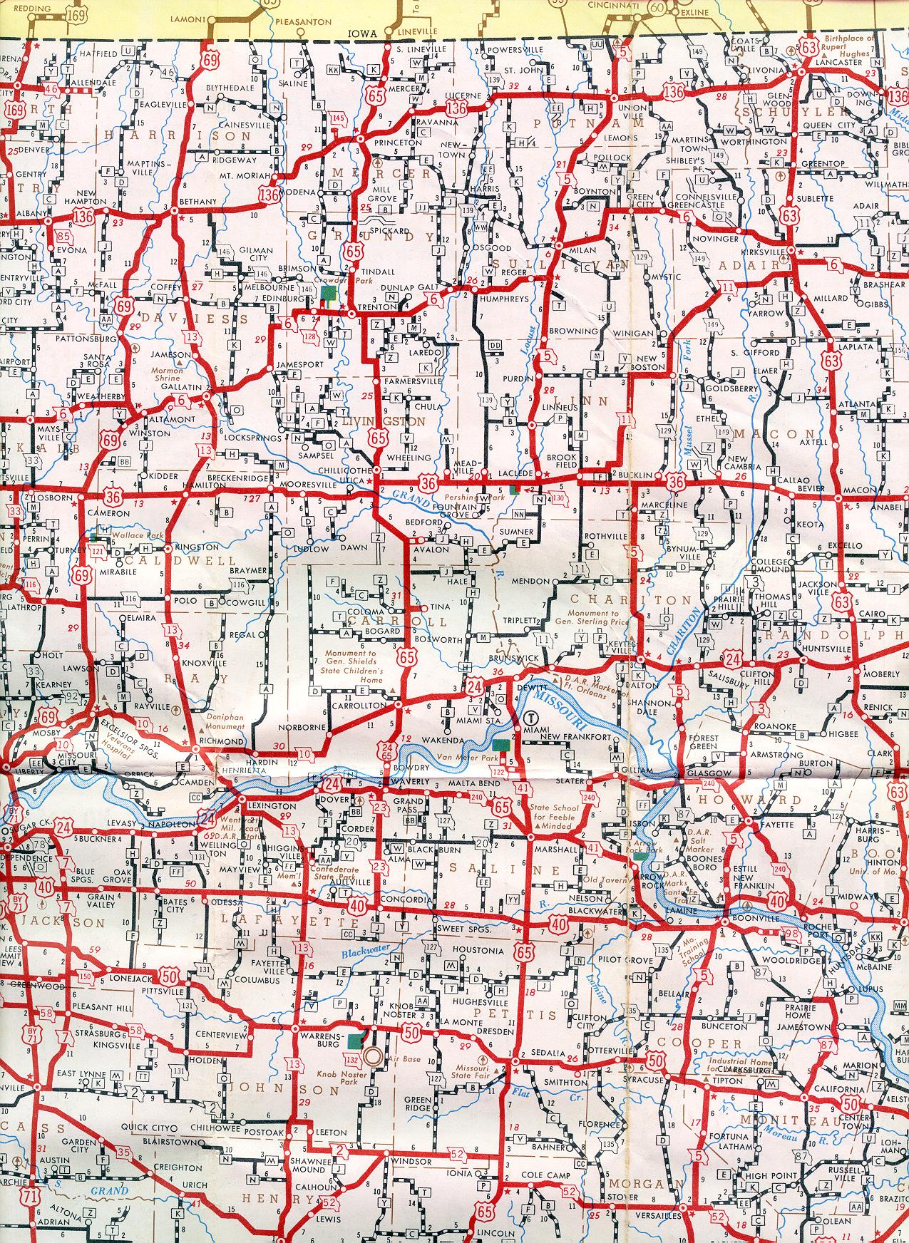 Section of 1952 official highway map for Missouri