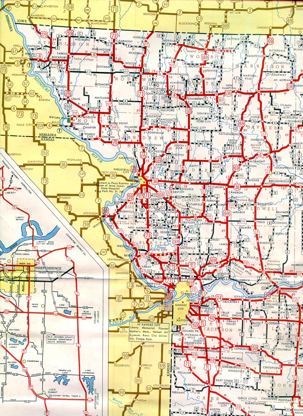 Section of 1952 official highway map for Missouri