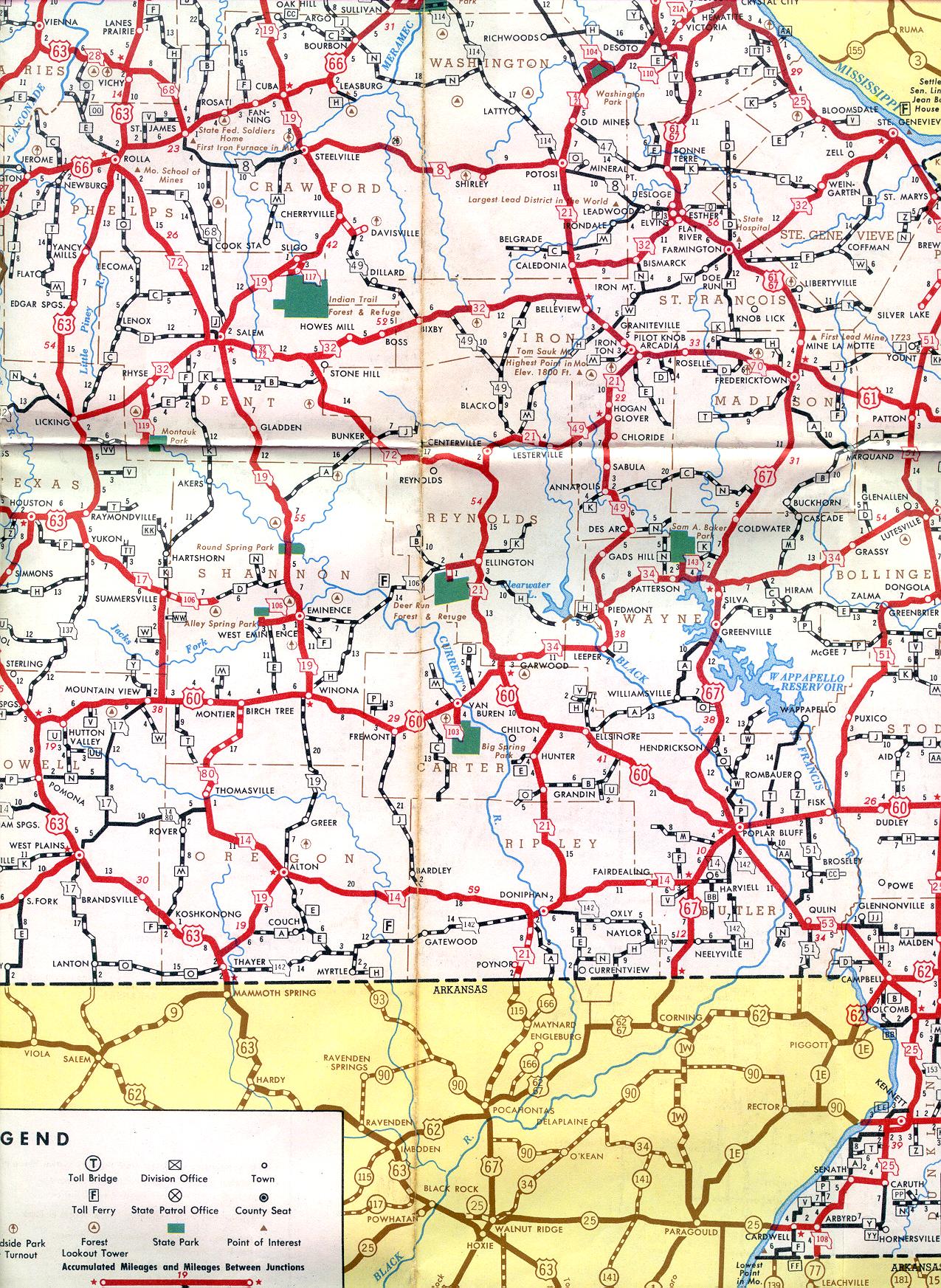 Section of 1952 official highway map for Missouri