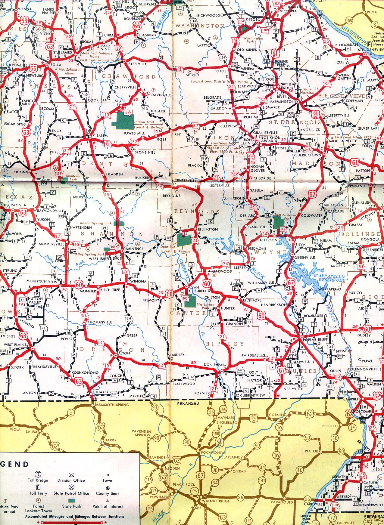 Section of 1952 official highway map for Missouri