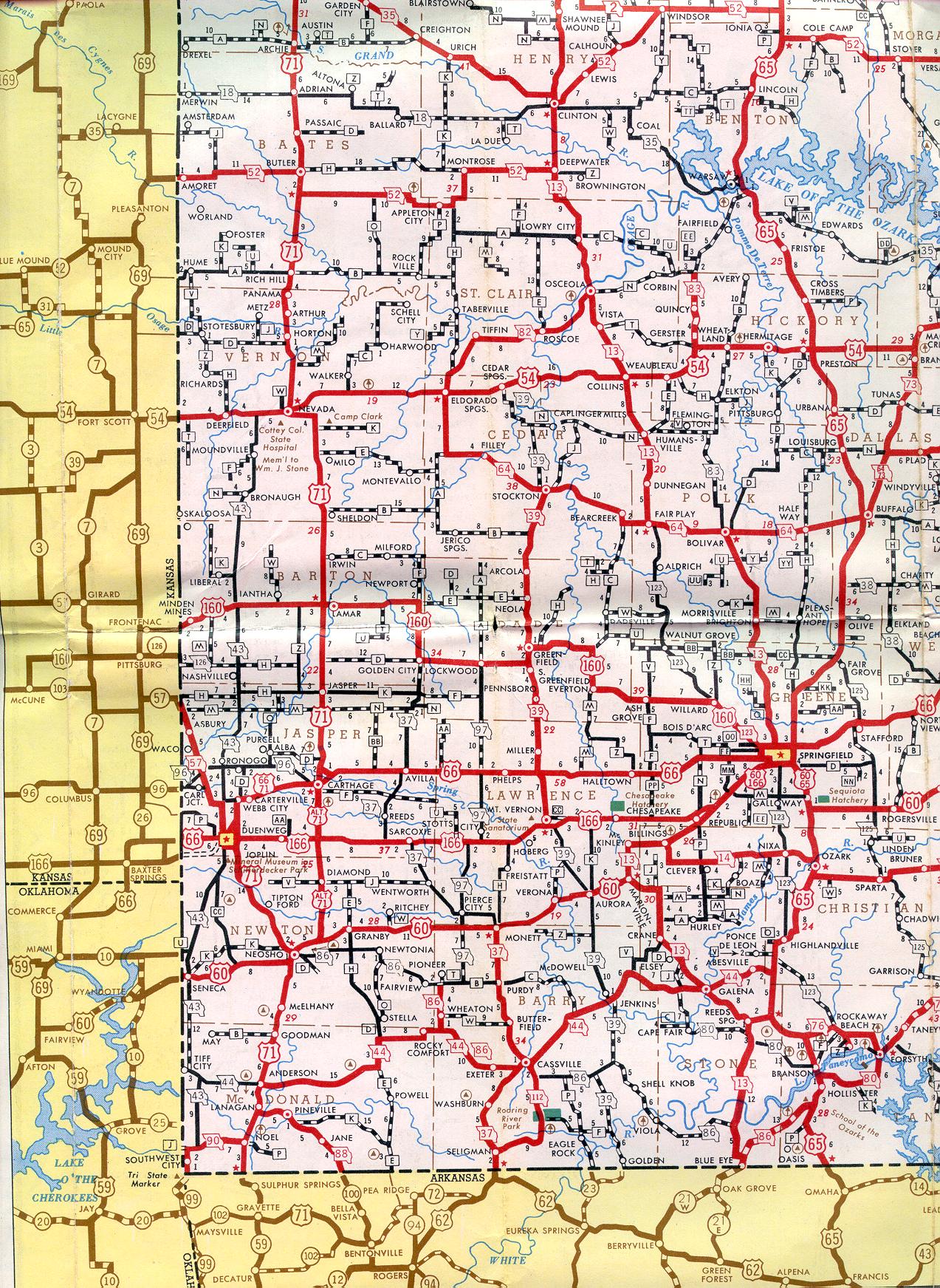 Section of 1952 official highway map for Missouri