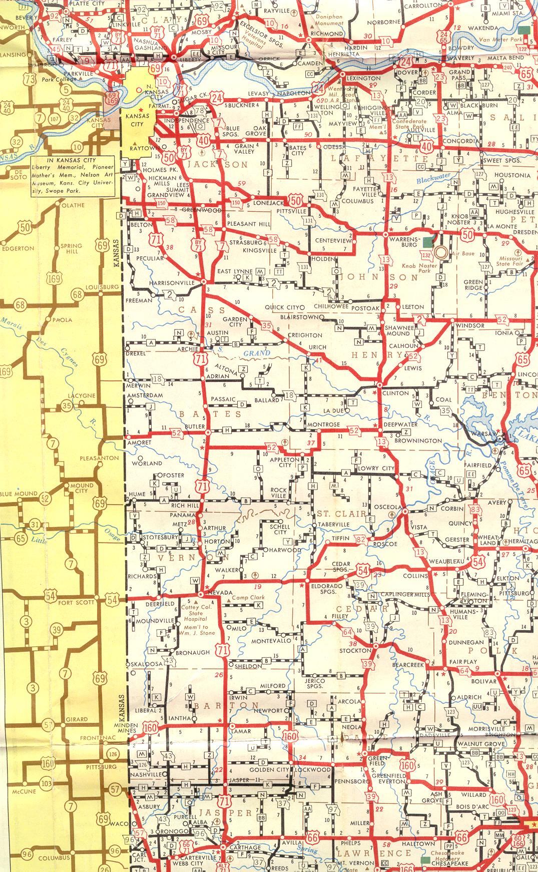 Section of 1952 official highway map for Missouri