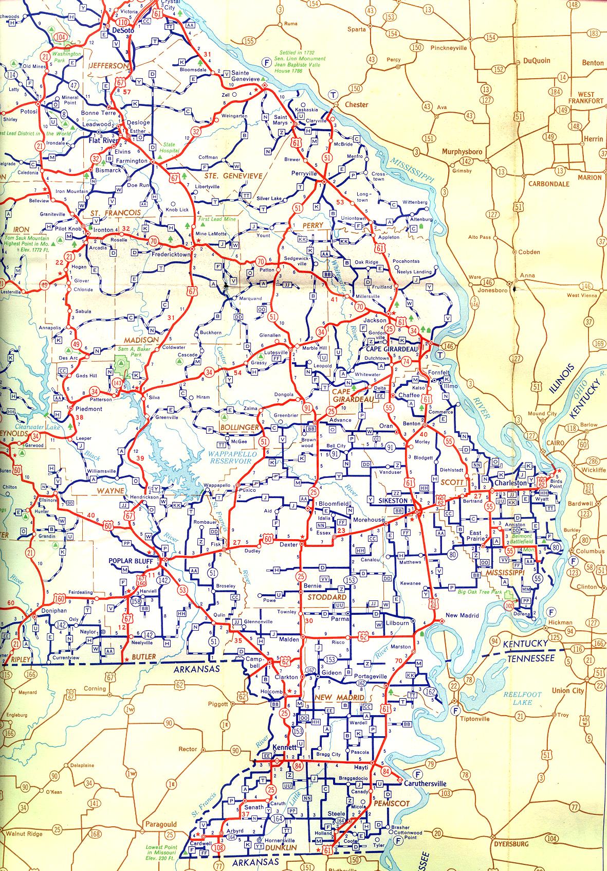 Section of 1956 official highway map for Missouri