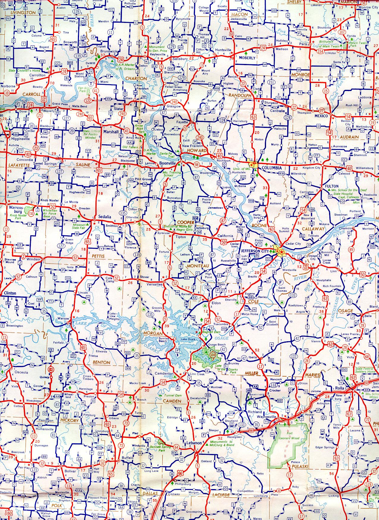 Section of 1956 official highway map for Missouri