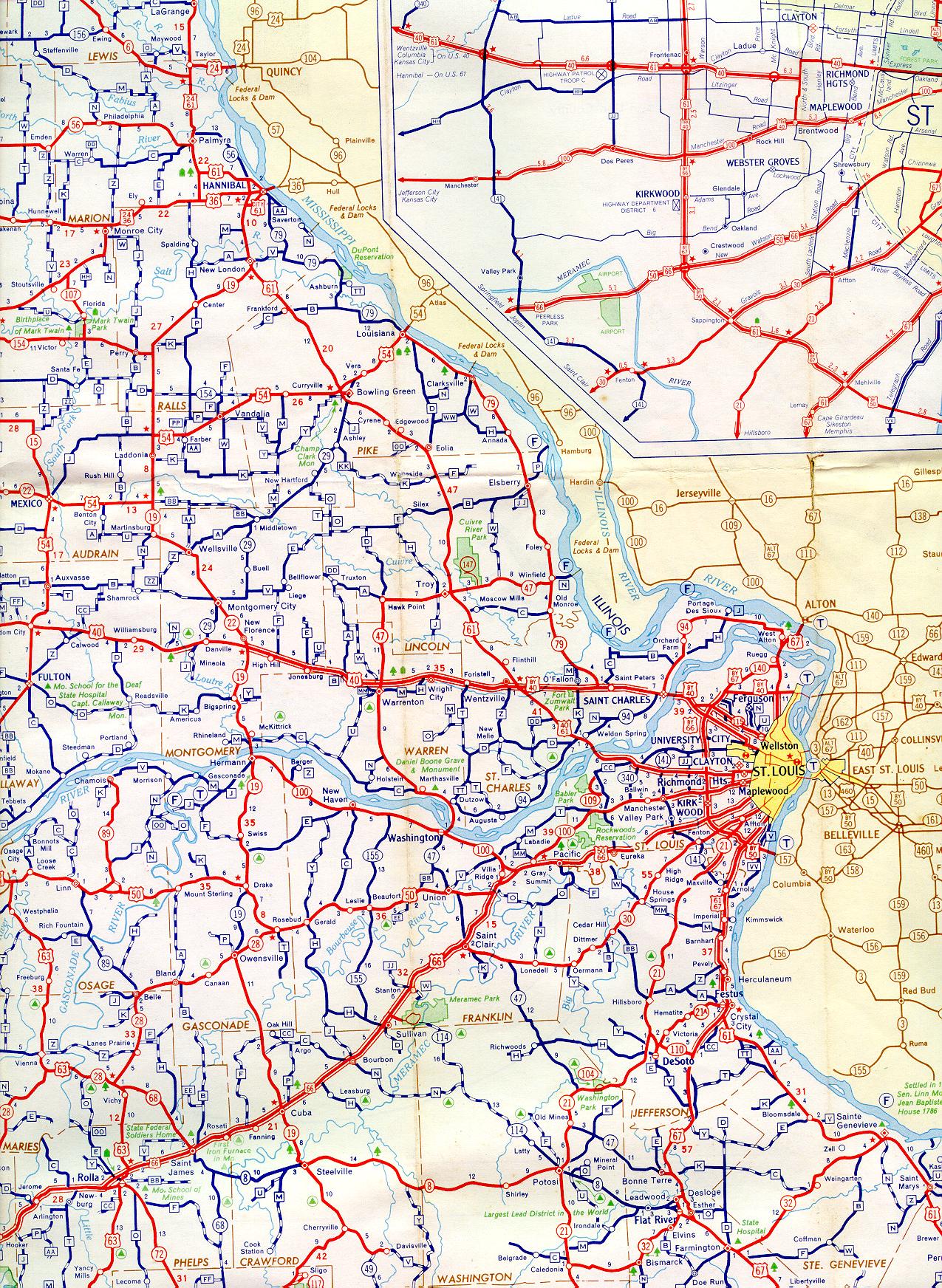 Section of 1956 official highway map for Missouri