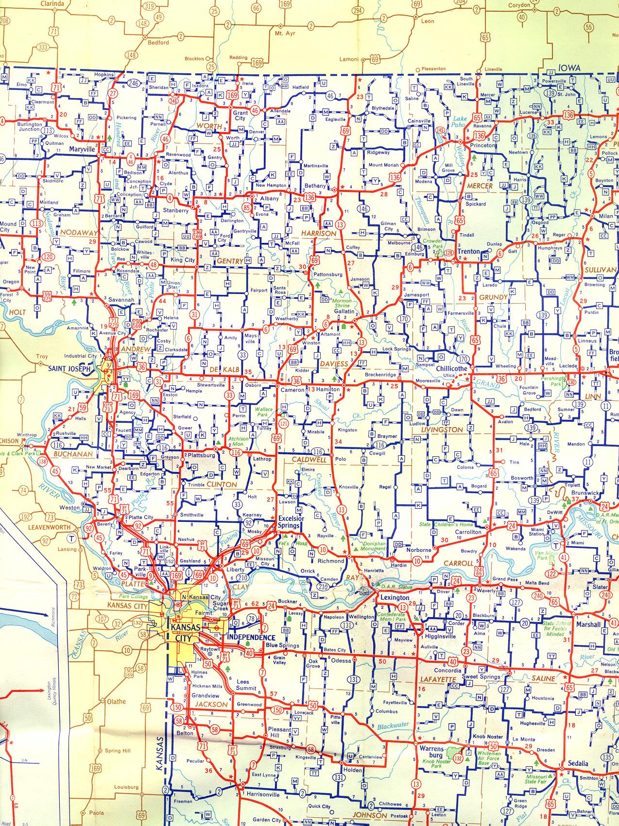 Section of 1956 official highway map for Missouri