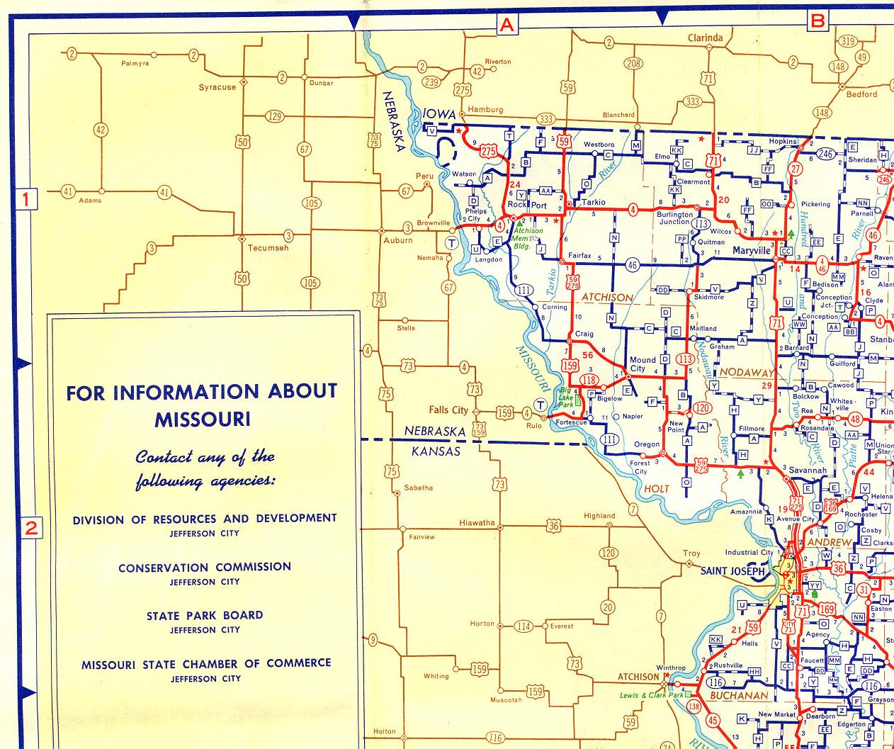 Section of 1956 official highway map for Missouri