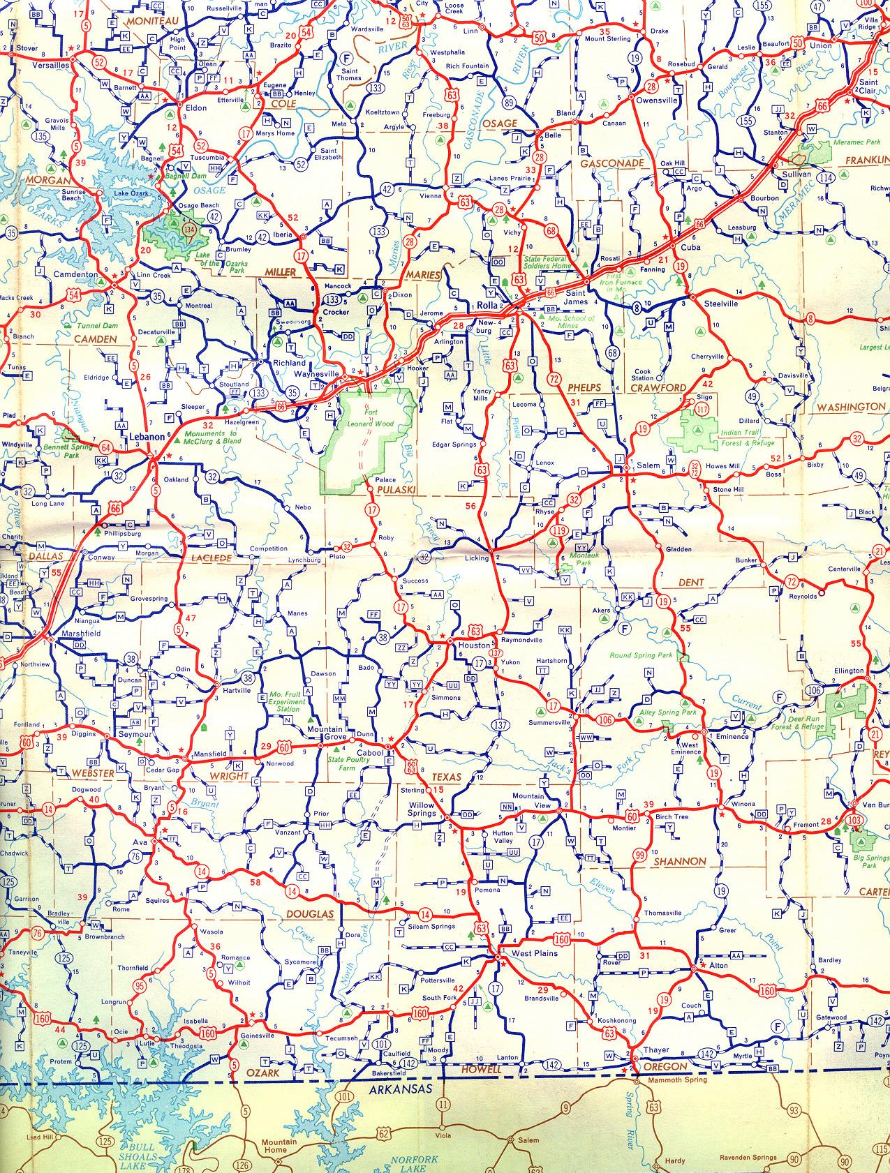 Section of 1956 official highway map for Missouri