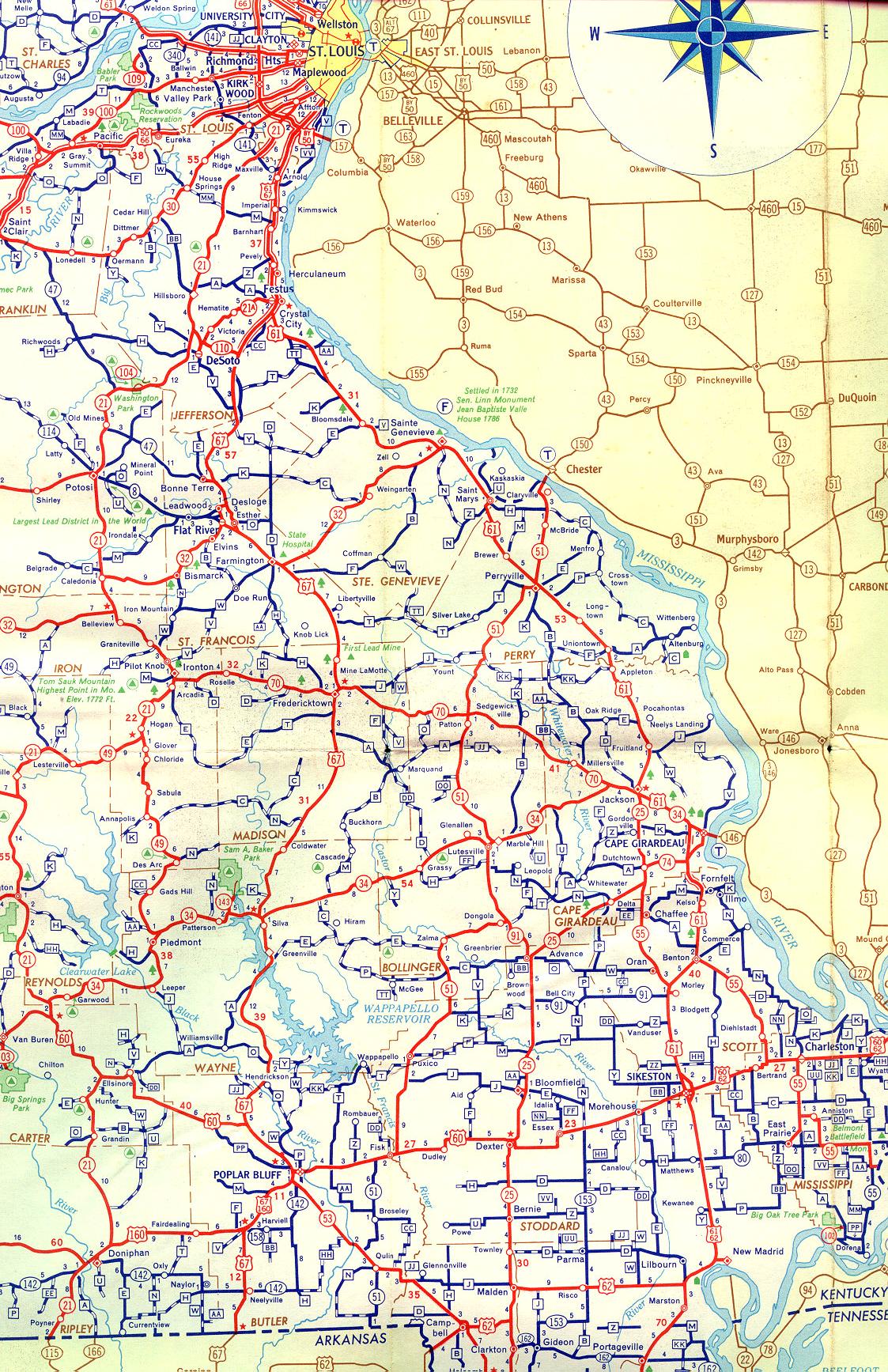 Section of 1956 official highway map for Missouri