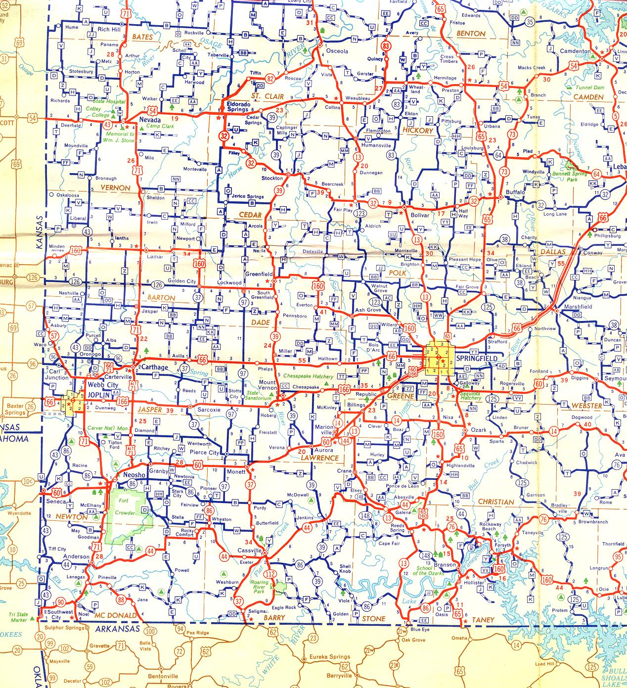 Section of 1956 official highway map for Missouri