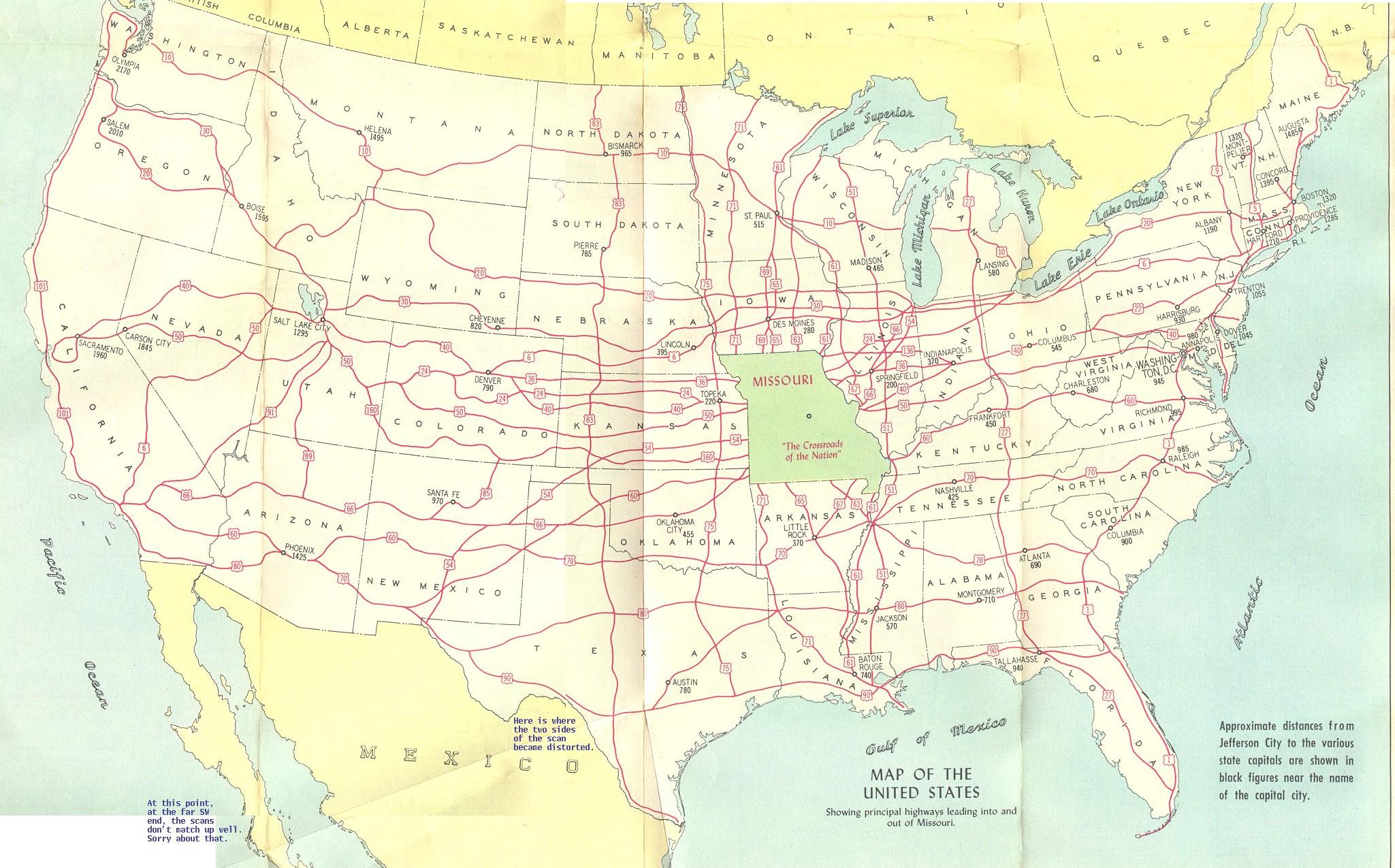 Section of 1956 official highway map for Missouri