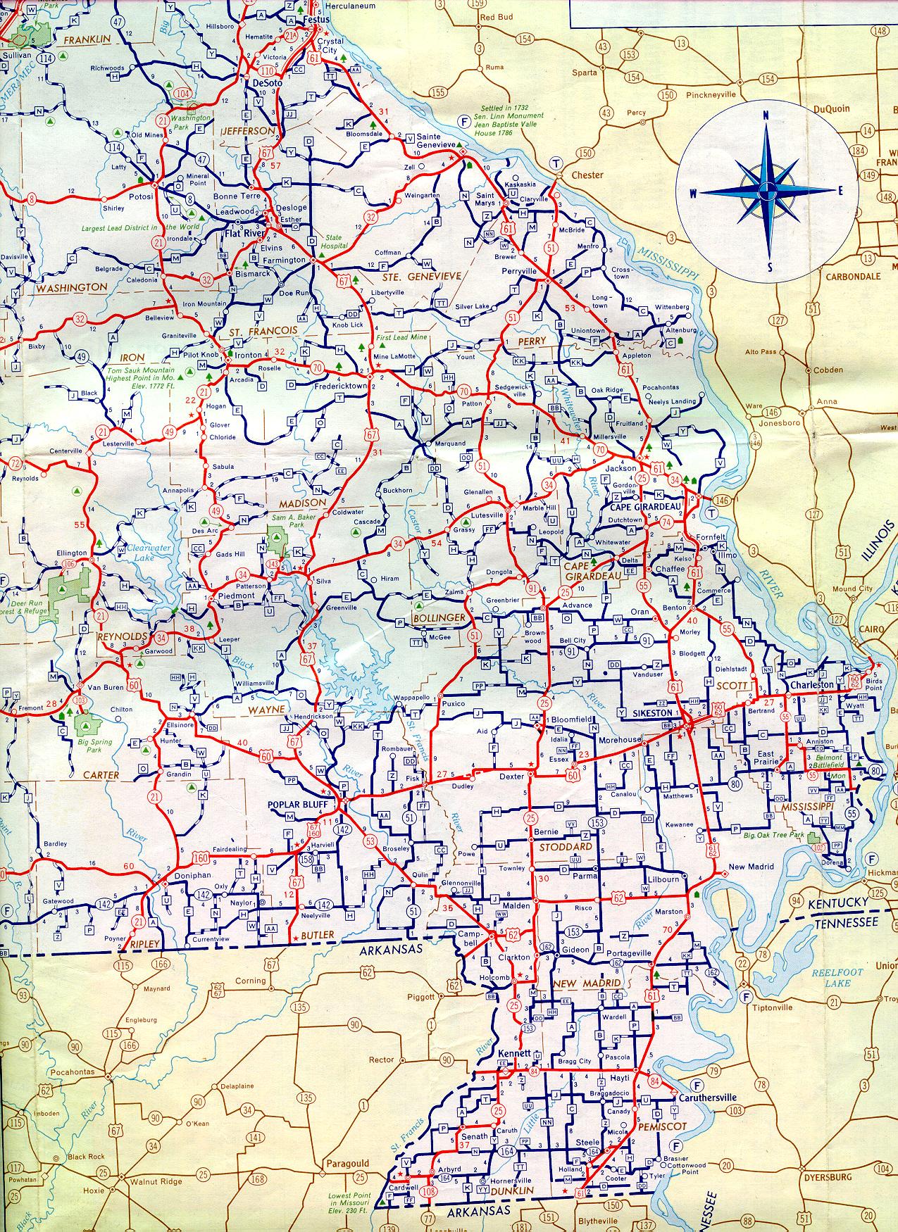 Section of 1957 official highway map for Missouri