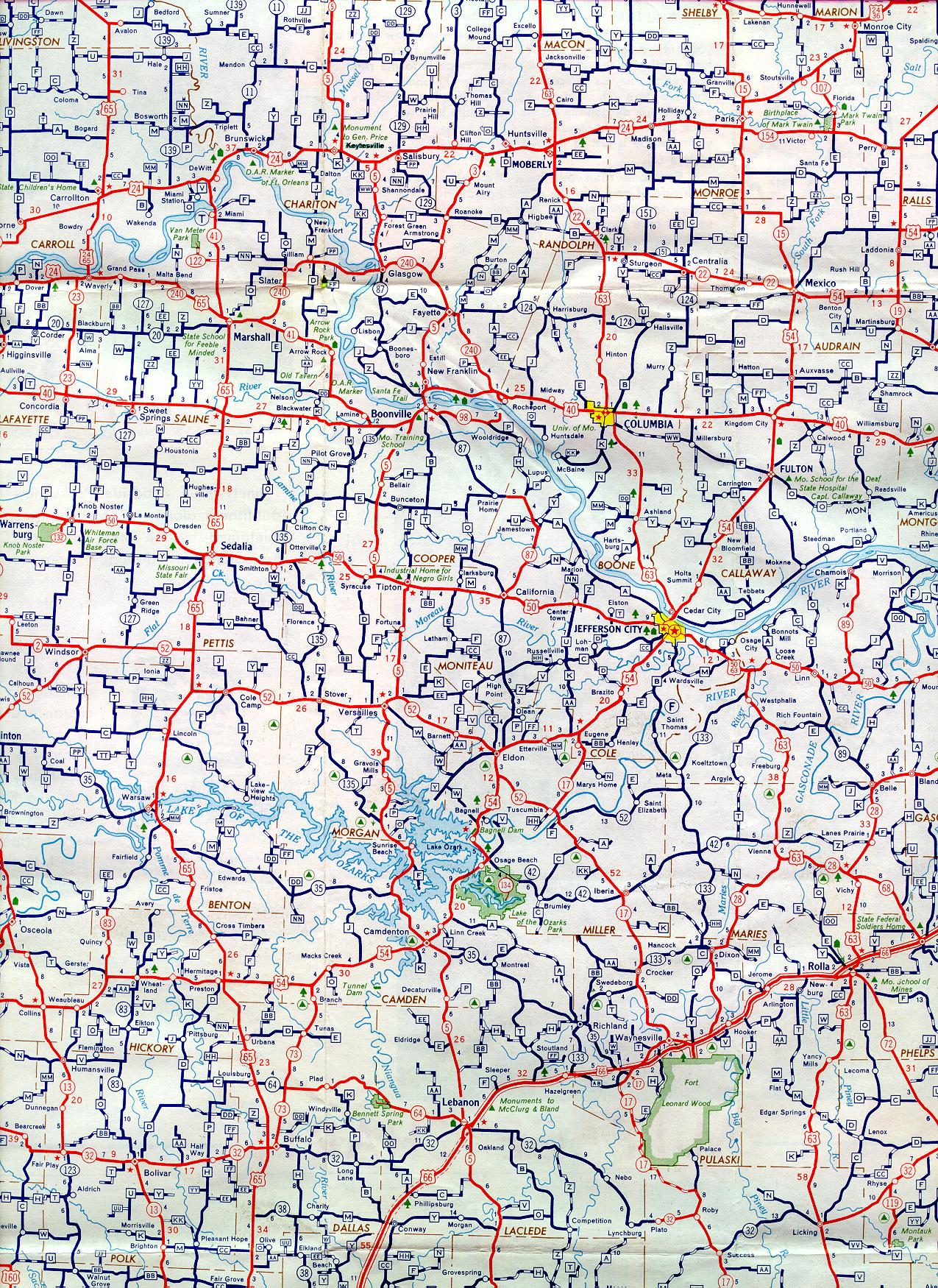 Section of 1957 official highway map for Missouri